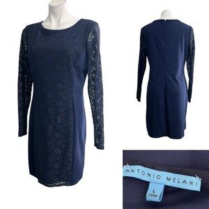 ANTONIO MELANI dress sz‎ L Navy Blue Lace trim long Sleeve knit stretch office
